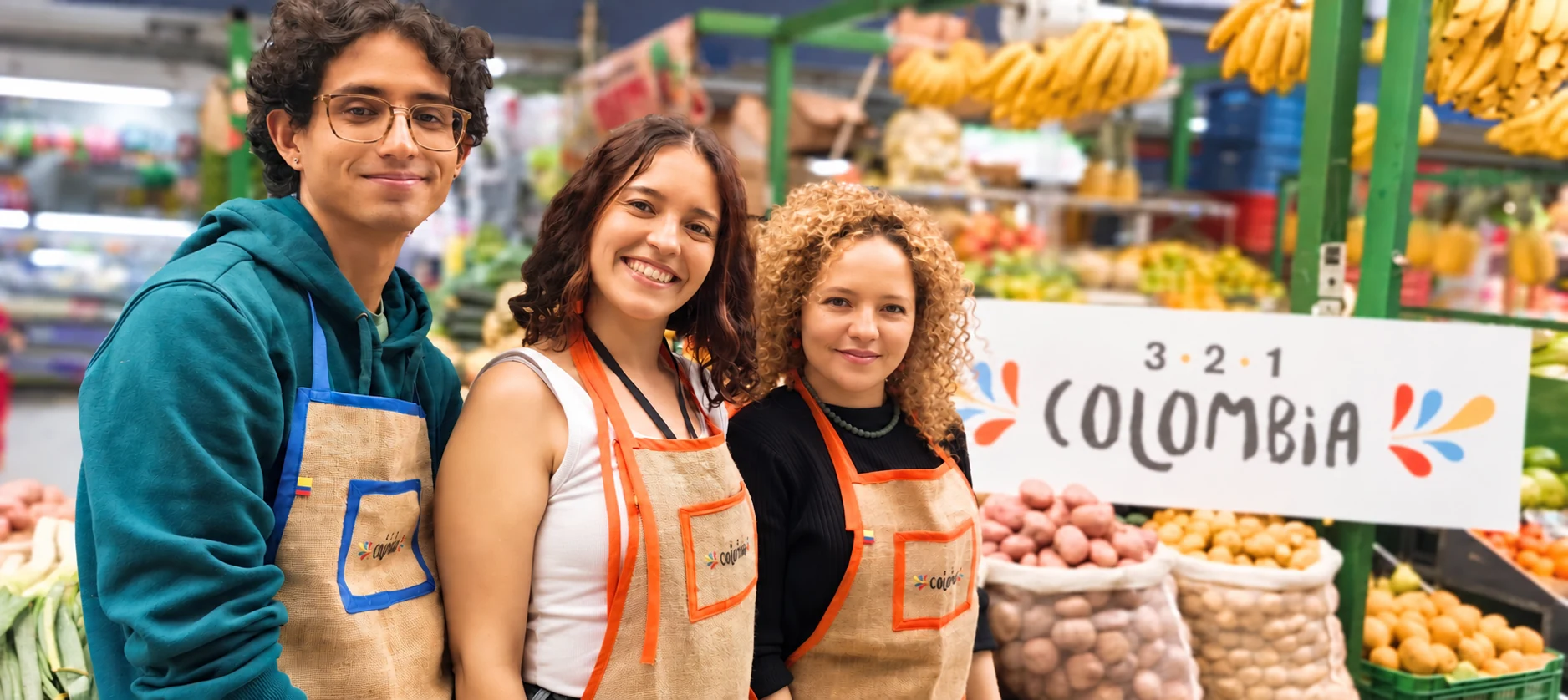 321 Colombia local experts smiling in their tour aprons at Paloquemao Market