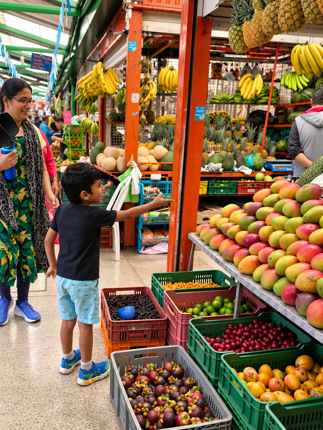Child discovering fruit inside Paloquemao Market