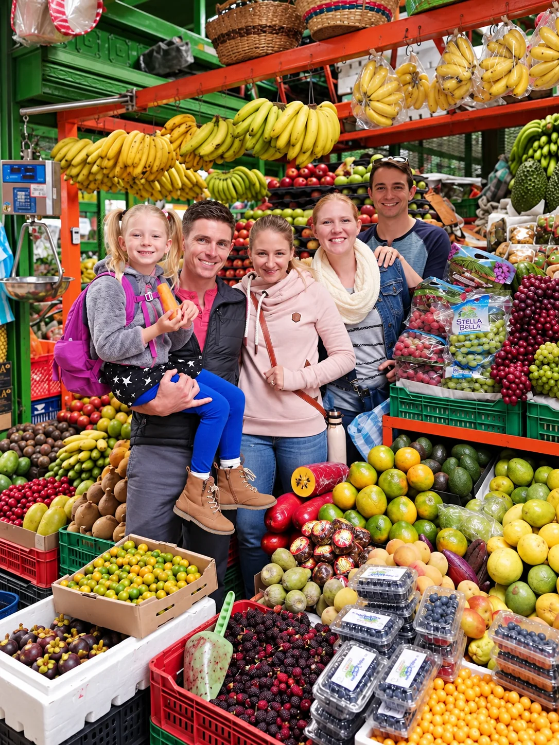 Family visiting a colorful fruit stand inside Paloquemao Market
