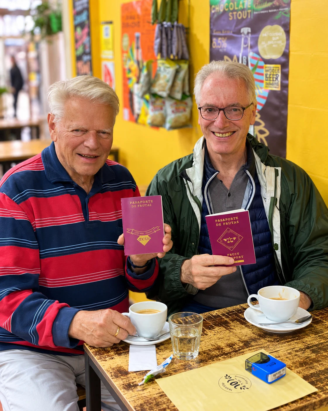 Two of 321 Colombia’s first Fruit Passport buyers holding their passports at a café table